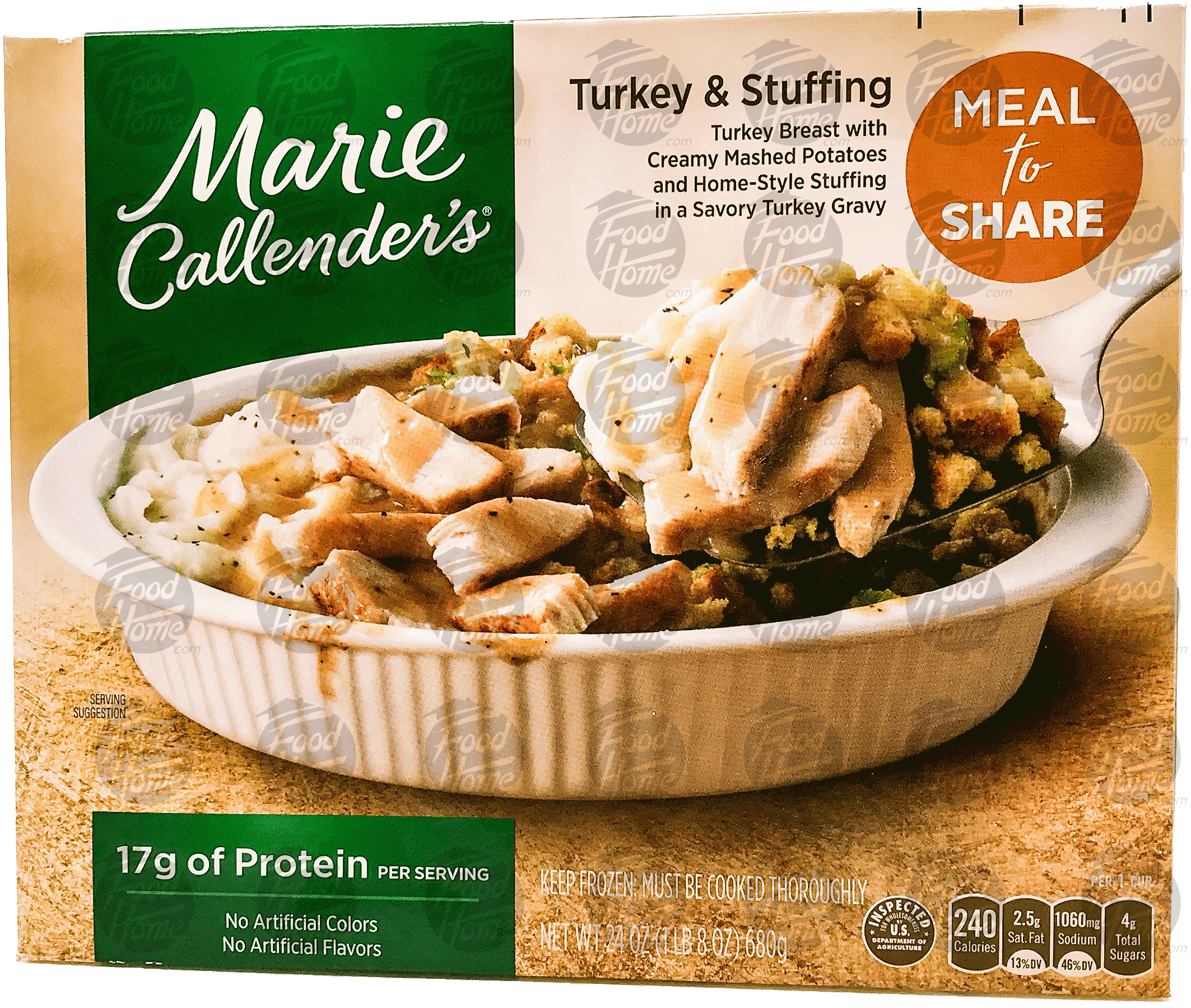 Marie Callender's Meal to Share turkey & stuffing, turkey breast with mashed potatoes, stuffing, in turkey gravy, frozen box Full-Size Picture